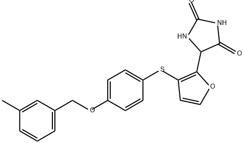2,4-Imidazolidinedione, 5-[3-[[4-[(3-methylphenyl)methoxy]phenyl]thio]-2-furanyl]- Chemical Structure