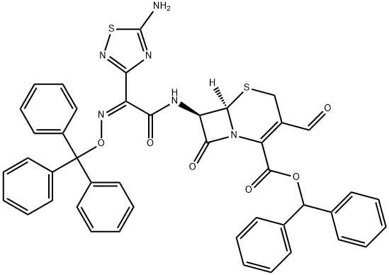 5-Thia-1-azabicyclo[4.2.0]oct-2-ene-2-carboxylic acid, 7-[[(2Z)-2-(5-amino-1,2,4-thiadiazol-3-yl)-2-[(triphenylmethoxy)imino]acetyl]amino]-3-formyl-8- Chemical Structure