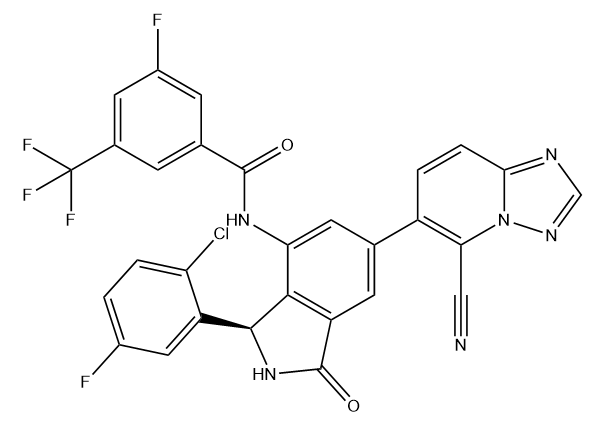 N-[(3R)-3-(2-chloro-5-fluorophenyl)-6-(5-cyano-[1,2,4]triazolo[1,5-a]pyridin-6-yl)-1-oxo-2,3-dihydroisoindol-4-yl]-3-fluoro-5-(trifluoromethyl)benzami Chemical Structure