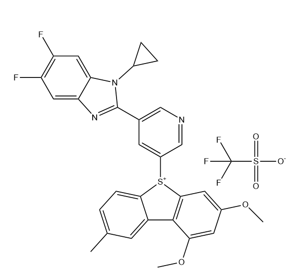 5-(5-(1-Cyclopropyl-5,6-difluoro-1H-benzo[d]imidazol-2-yl)pyridin-3-yl)-1,3-dimethoxy-8-methyl-5H-dibenzo[b,d]thiophen-5-ium trifluoromethanesulfonate Chemical Structure