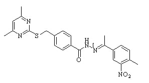 (E)-4-(((4,6-dimethylpyrimidin-2-yl)thio)methyl)-N'-(1-(4-methyl-3-nitrophenyl)ethylidene)benzohydrazide Chemical Structure