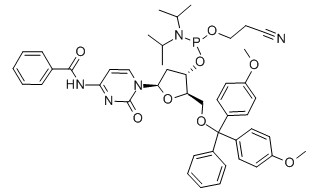 5'-O-(4,4'-Dimethoxytrityl)-N4-benzoyl-2'-deoxycytidine-3'-(2-cyanoethyl-N,N-diisopropyl)phosphoramidite 结构式