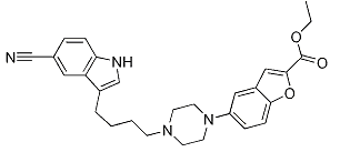 2-Benzofurancarboxylic acid, 5-[4-[4-(5-cyano-1H-indol-3-yl)butyl]-1-piperazinyl]-, ethyl ester Chemical Structure