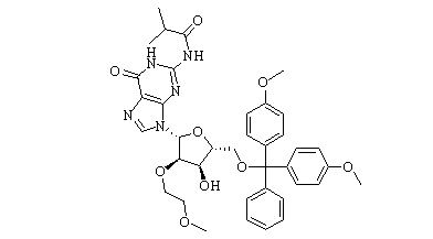 5'-O-[Bis(4-methoxyphenyl)phenylmethyl]-2'-O-(2-methoxyethyl)-N-(2-methyl-1-oxopropyl)guanosine 结构式