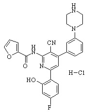 N-(3-cyano-6-(4-fluoro-2-hydroxyphenyl)-4-(3-(piperazin-1-yl)phenyl)pyridin-2-yl)furan-2-carboxamide hydrochloride Chemical Structure